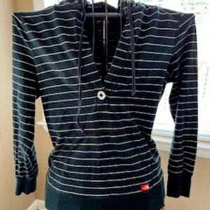 North Face Blue & White Stripe Kangaroo Pouch Long Sleeve Hood Shirt SZ. L